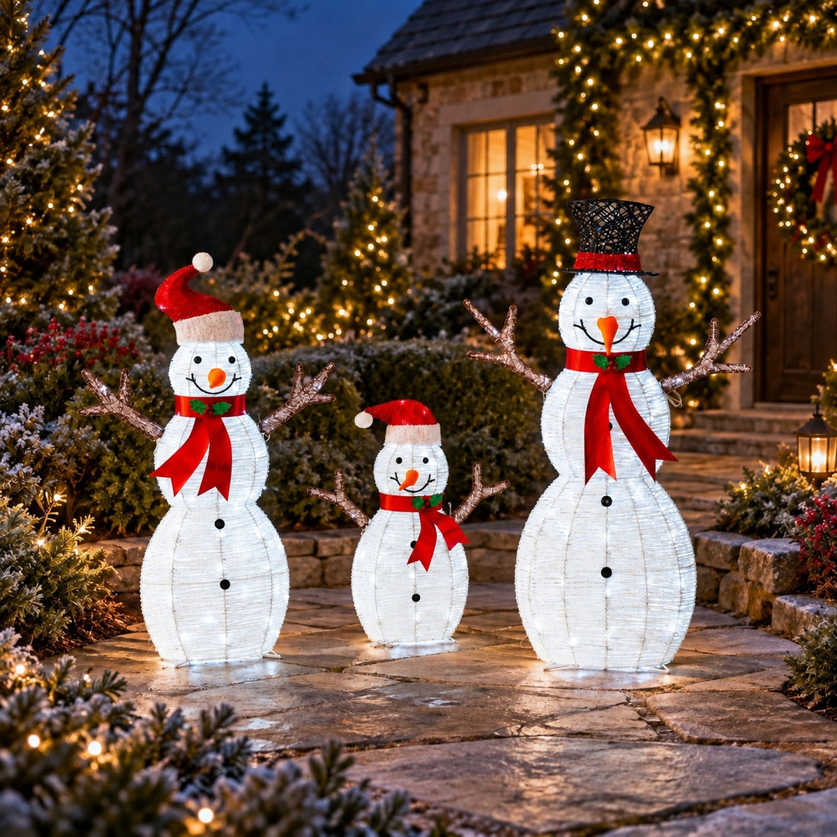 42", 37", 24" White Glitter Snowman Family Set with Top Hats, Scarves, Warm White LED Lights - media 3