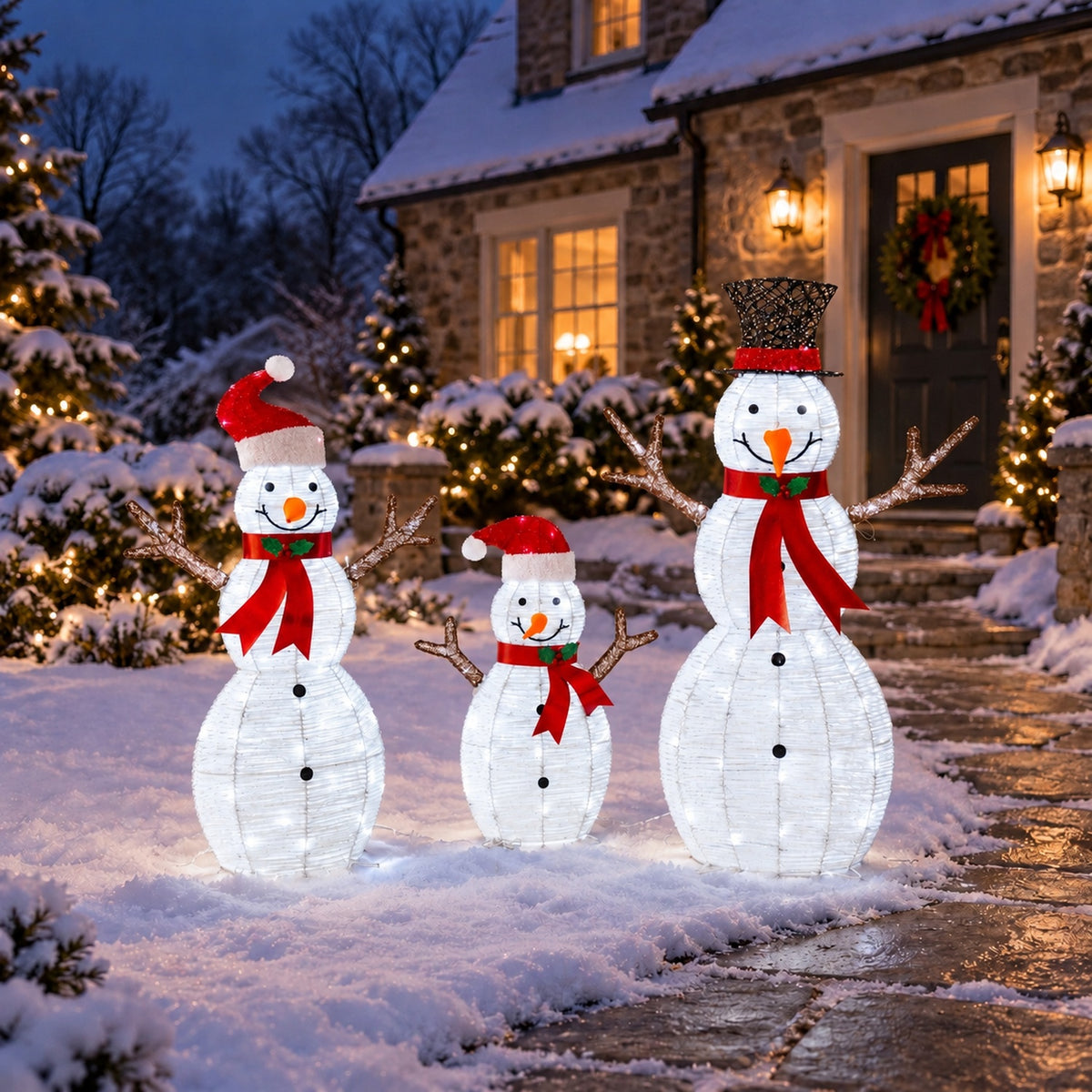 42", 37", 24" White Glitter Snowman Family Set with Top Hats, Scarves, Warm White LED Lights - media 4
