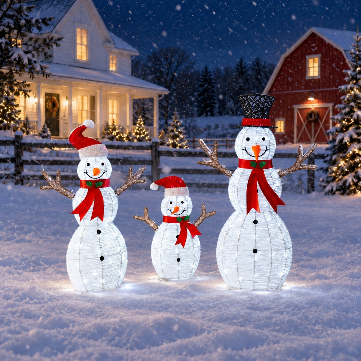 42", 37", 24" White Glitter Snowman Family Set with Top Hats, Scarves, Warm White LED Lights - media 5
