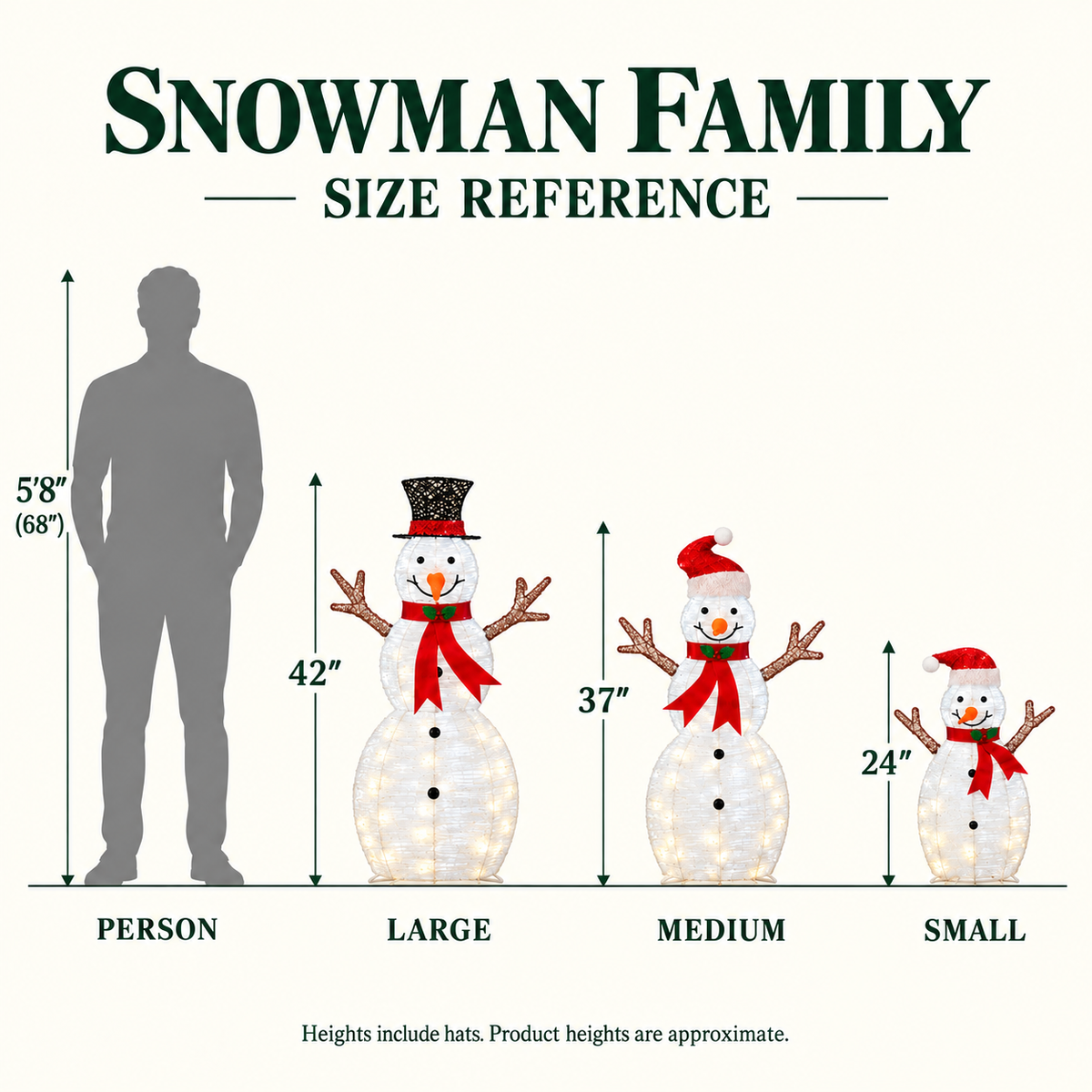 42", 37", 24" White Glitter Snowman Family Set with Top Hats, Scarves, Warm White LED Lights - media 6