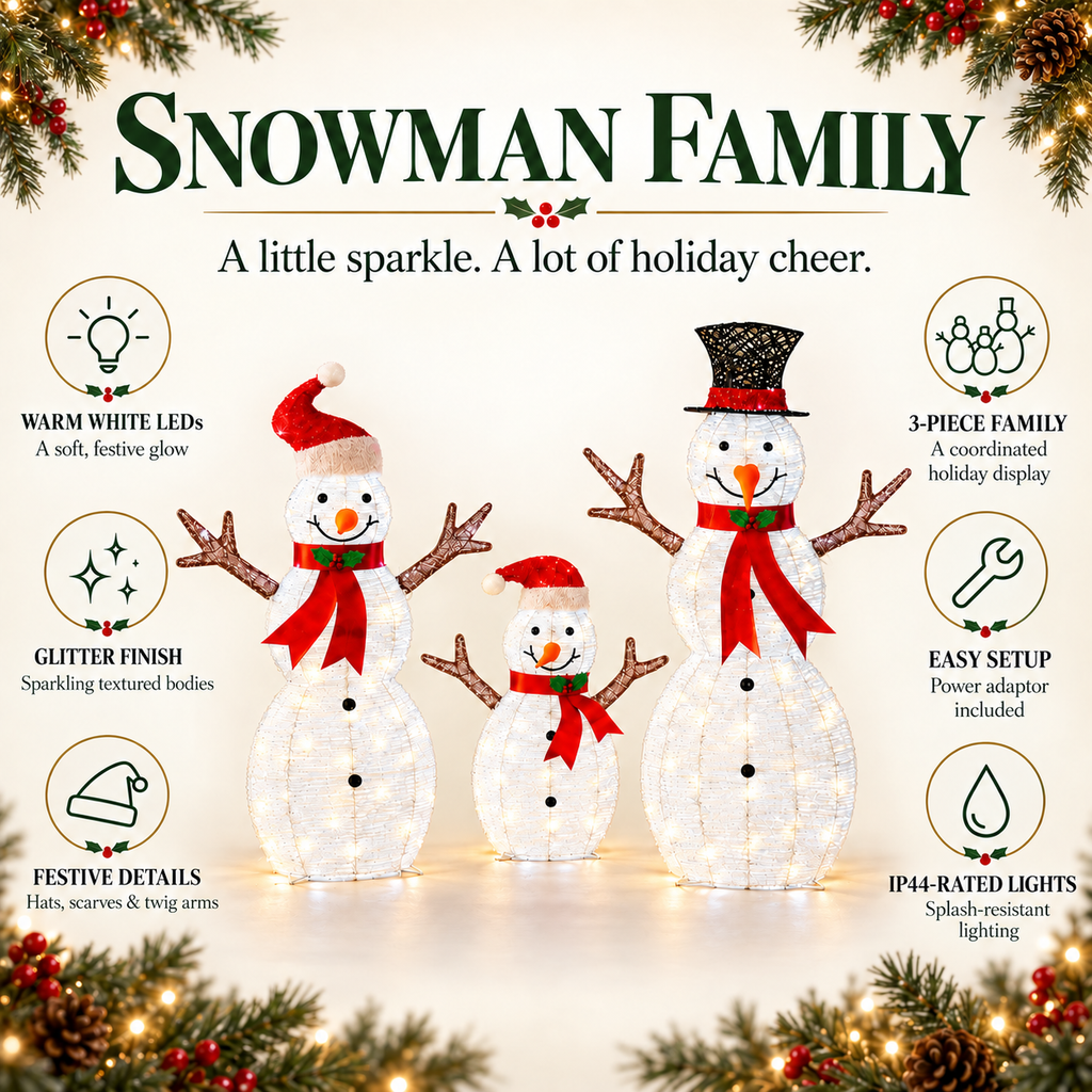 42", 37", 24" White Glitter Snowman Family Set with Top Hats, Scarves, Warm White LED Lights - media 7