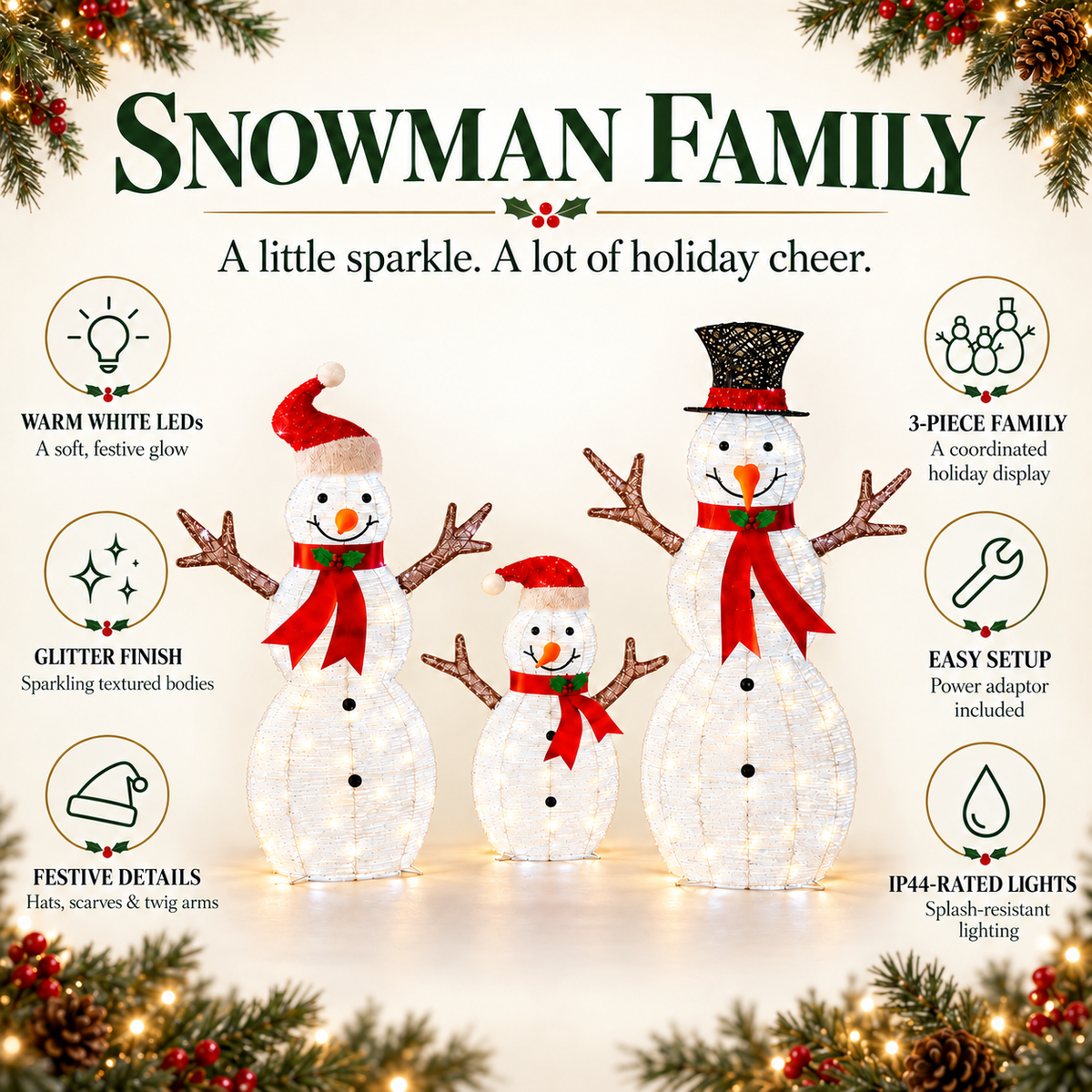 42", 37", 24" White Glitter Snowman Family Set with Top Hats, Scarves, Warm White LED Lights - media 7