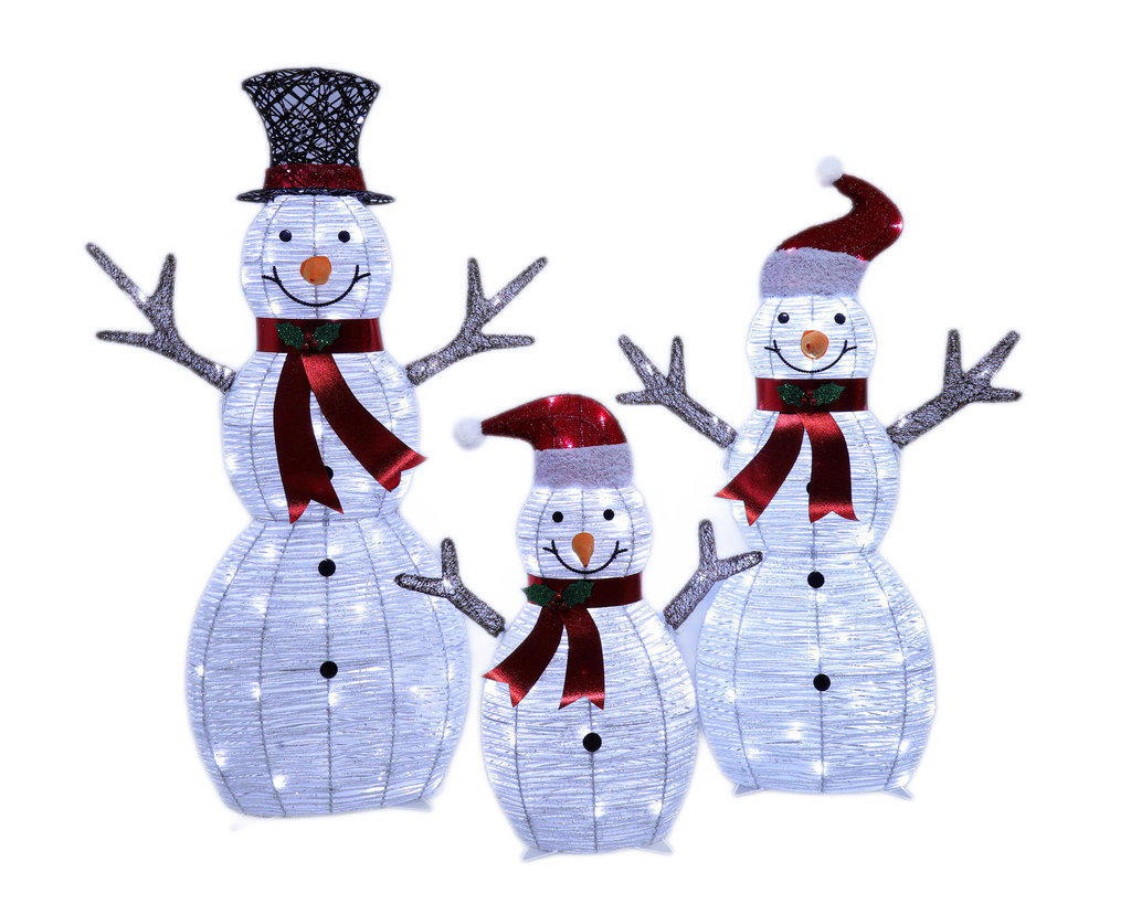 42", 37", 24" White Glitter Snowman Family Set with Top Hats, Scarves, Warm White LED Lights - media 8
