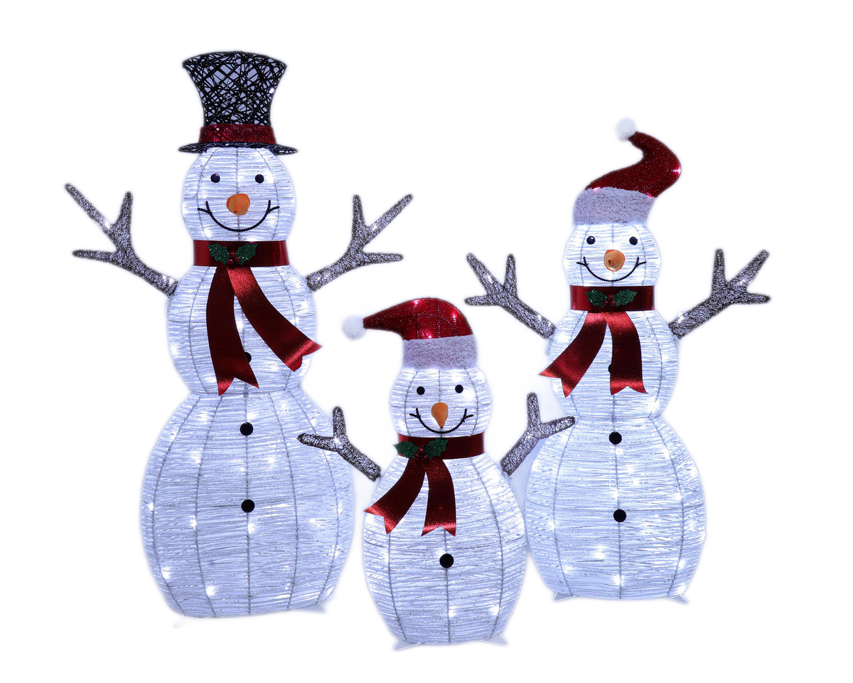 42", 37", 24" White Glitter Snowman Family Set with Top Hats, Scarves, Warm White LED Lights - media 9