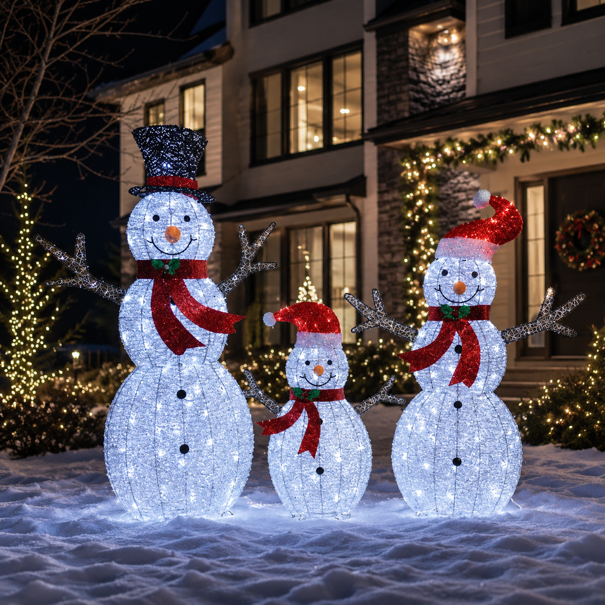 42", 37", 24" White Glitter Snowman Family Set with Top Hats, Scarves, Warm White LED Lights - media 10