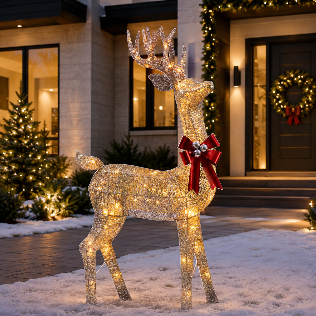72" Champagne Glitter Lighted Reindeer with Antlers and Red Bow, Warm White LED Lights - media 2