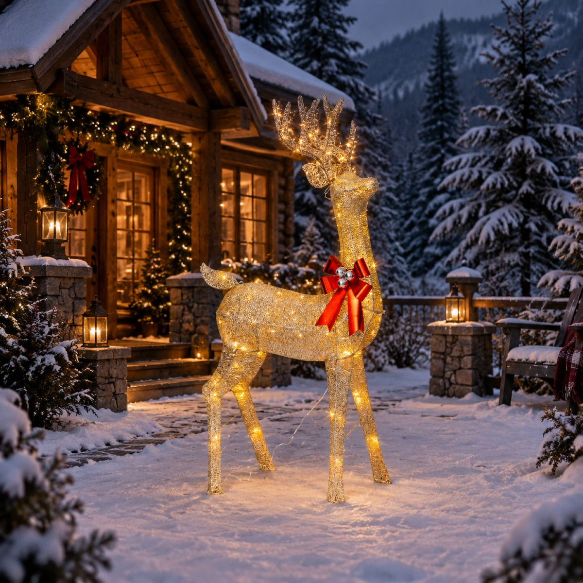 72" Champagne Glitter Lighted Reindeer with Antlers and Red Bow, Warm White LED Lights - media 3