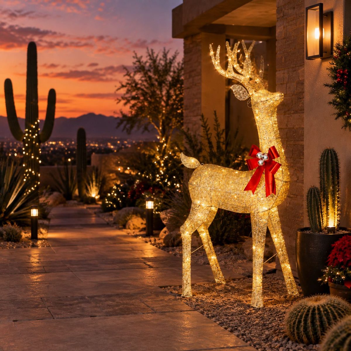 72" Champagne Glitter Lighted Reindeer with Antlers and Red Bow, Warm White LED Lights - media 4