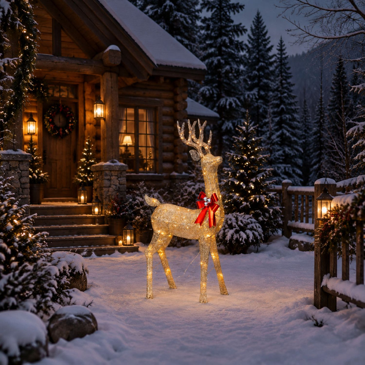 72" Champagne Glitter Lighted Reindeer with Antlers and Red Bow, Warm White LED Lights - media 5