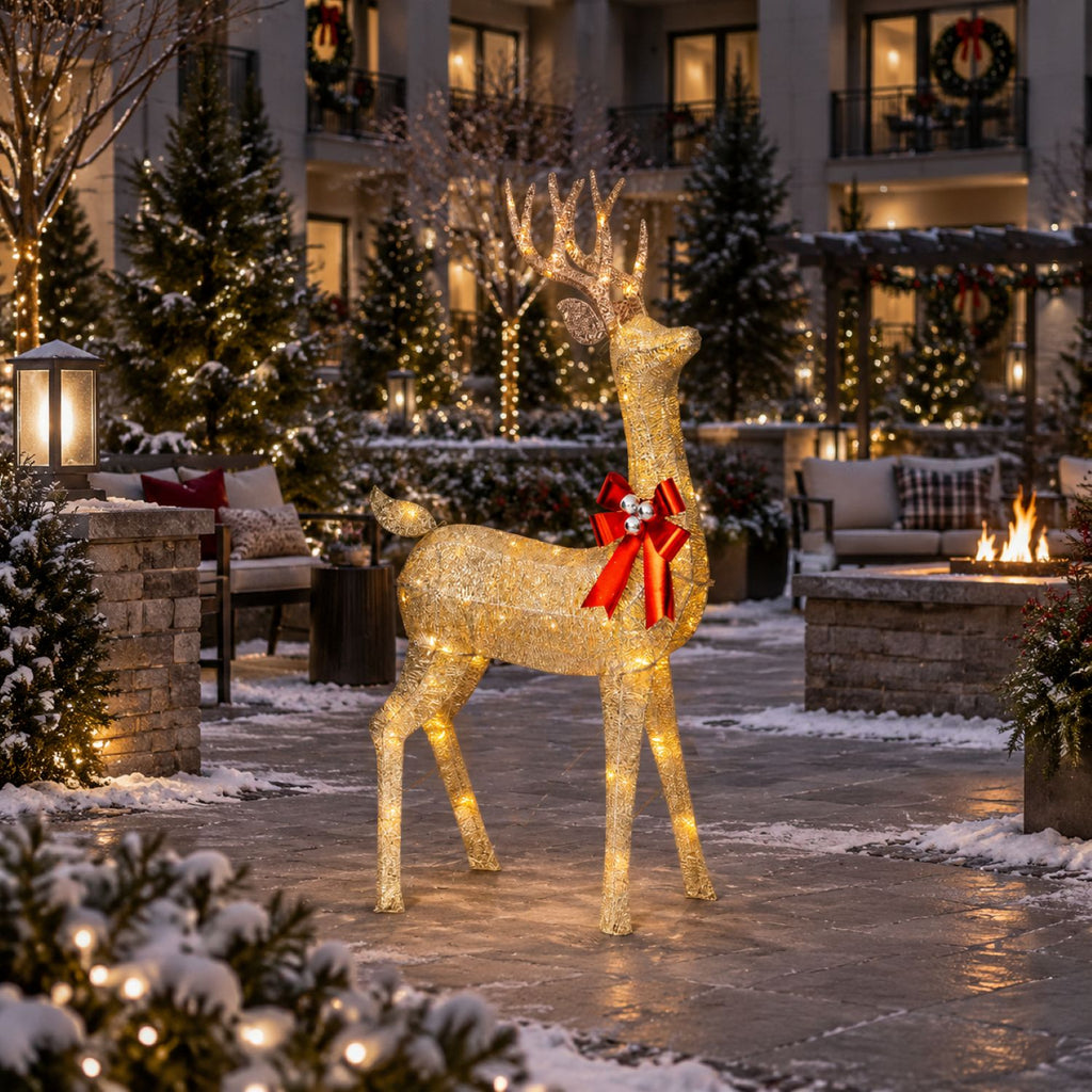 72" Champagne Glitter Lighted Reindeer with Antlers and Red Bow, Warm White LED Lights - media 6