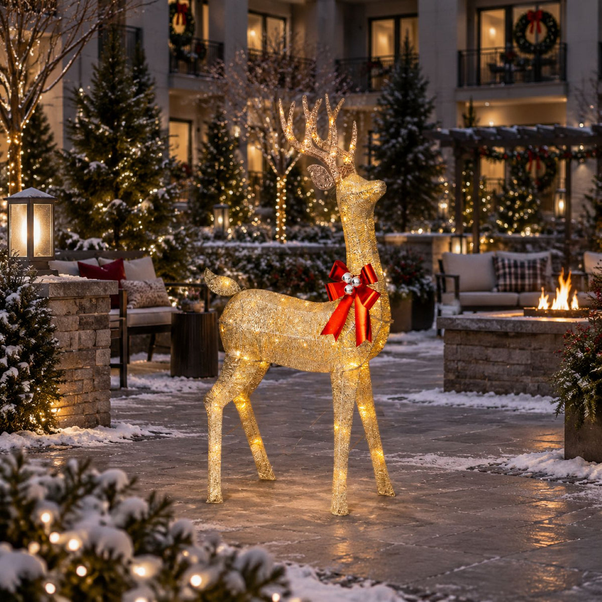 72" Champagne Glitter Lighted Reindeer with Antlers and Red Bow, Warm White LED Lights - media 6