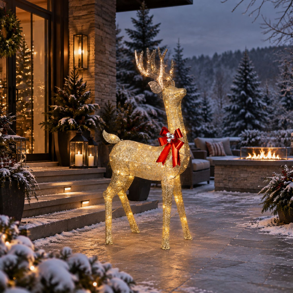 72" Champagne Glitter Lighted Reindeer with Antlers and Red Bow, Warm White LED Lights - media 7