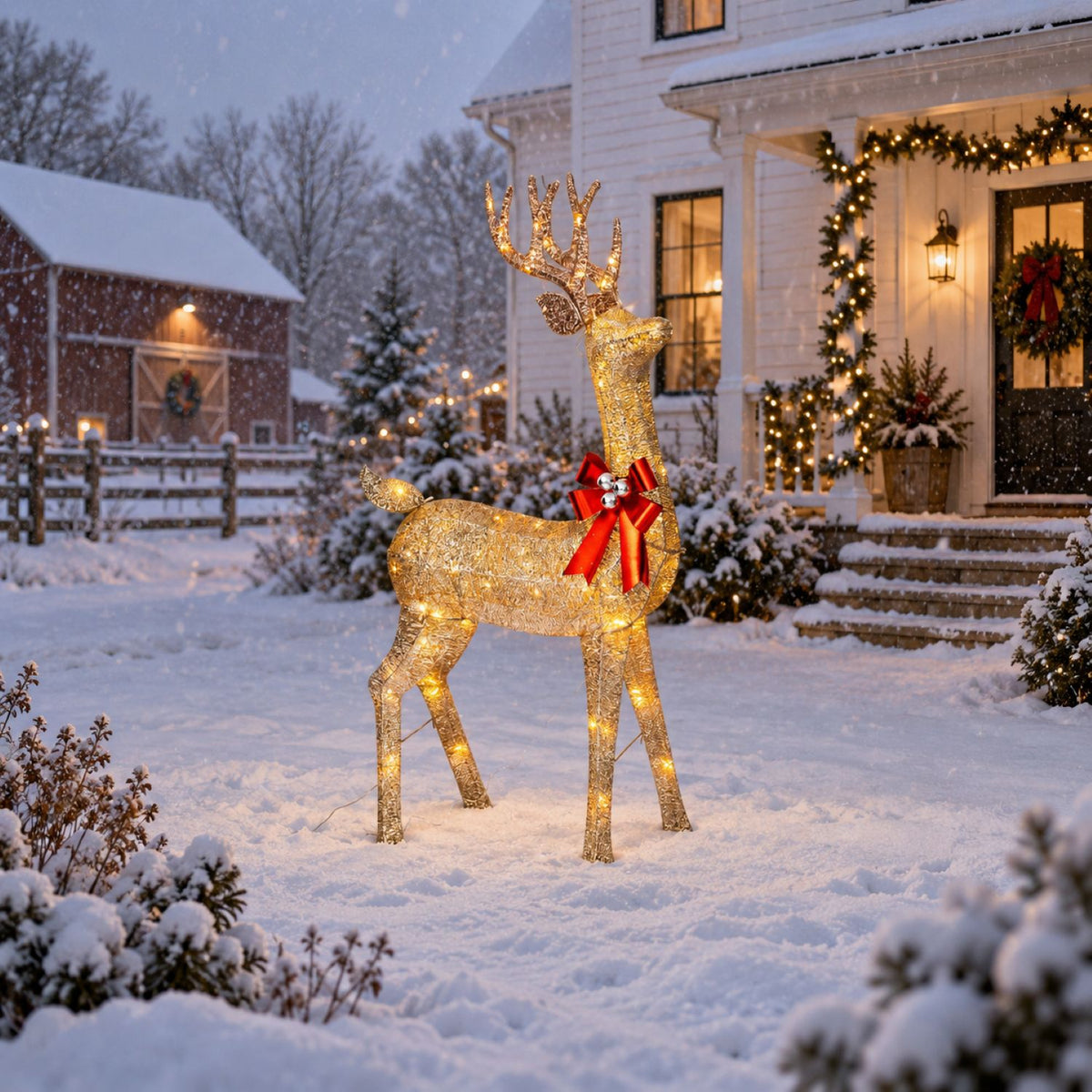 72" Champagne Glitter Lighted Reindeer with Antlers and Red Bow, Warm White LED Lights - media 8