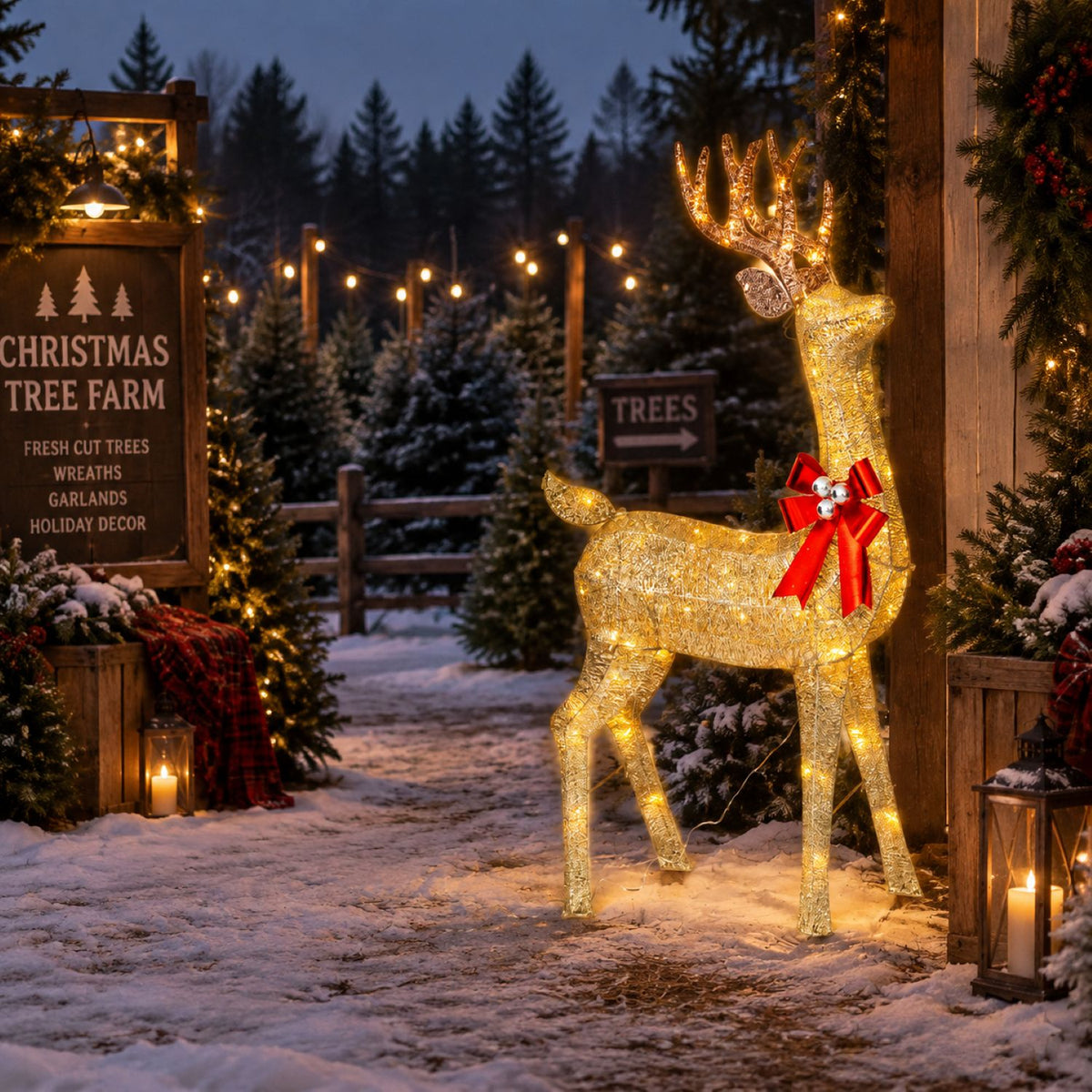 72" Champagne Glitter Lighted Reindeer with Antlers and Red Bow, Warm White LED Lights - media 9