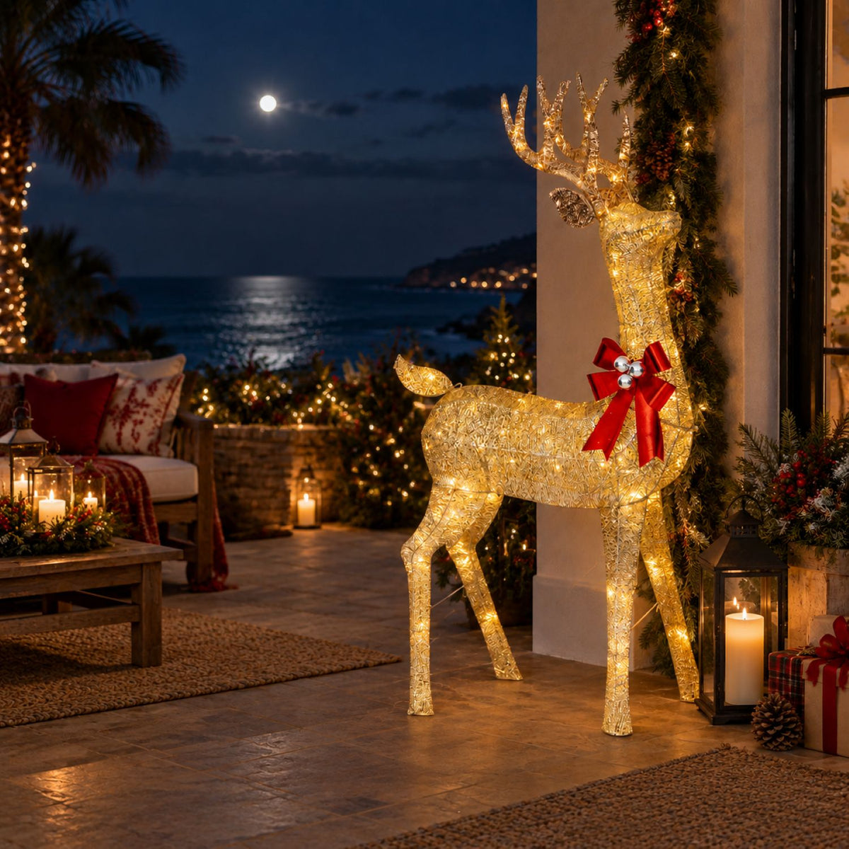 72" Champagne Glitter Lighted Reindeer with Antlers and Red Bow, Warm White LED Lights - media 10
