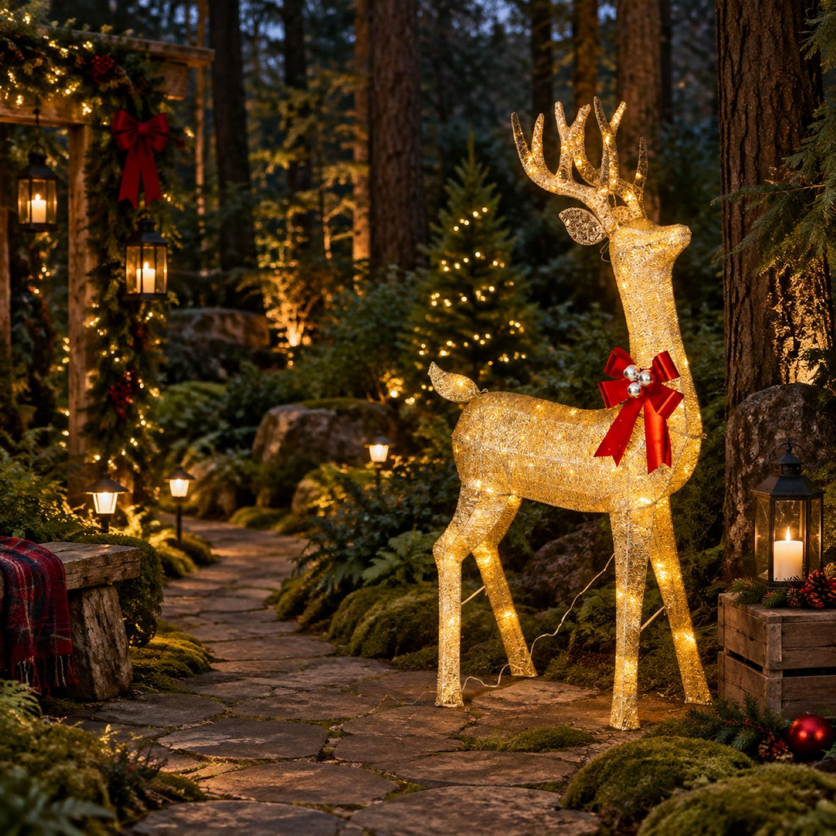 72" Champagne Glitter Lighted Reindeer with Antlers and Red Bow, Warm White LED Lights - media 11