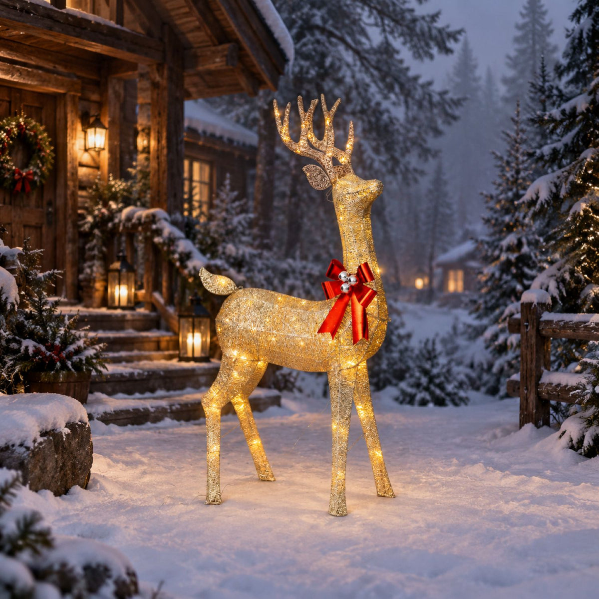 72" Champagne Glitter Lighted Reindeer with Antlers and Red Bow, Warm White LED Lights - media 12