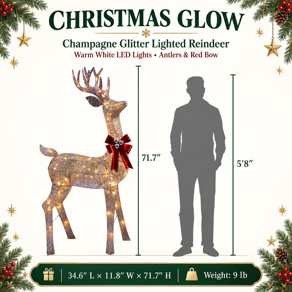72" Champagne Glitter Lighted Reindeer with Antlers and Red Bow, Warm White LED Lights - media 13