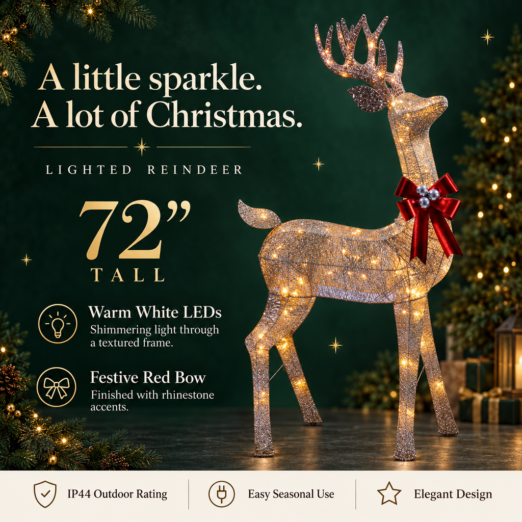 72" Champagne Glitter Lighted Reindeer with Antlers and Red Bow, Warm White LED Lights - media 14