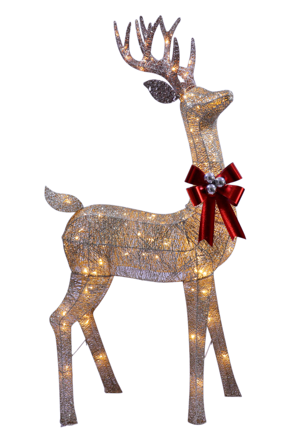 72" Champagne Glitter Lighted Reindeer with Antlers and Red Bow, Warm White LED Lights - media 15