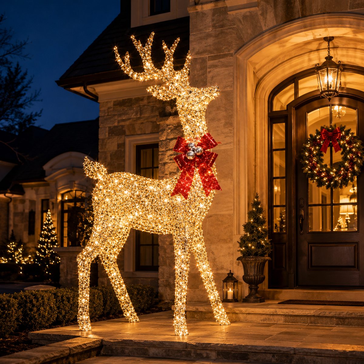 72" Champagne Glitter Lighted Reindeer with Antlers and Red Bow, Warm White LED Lights - media 17
