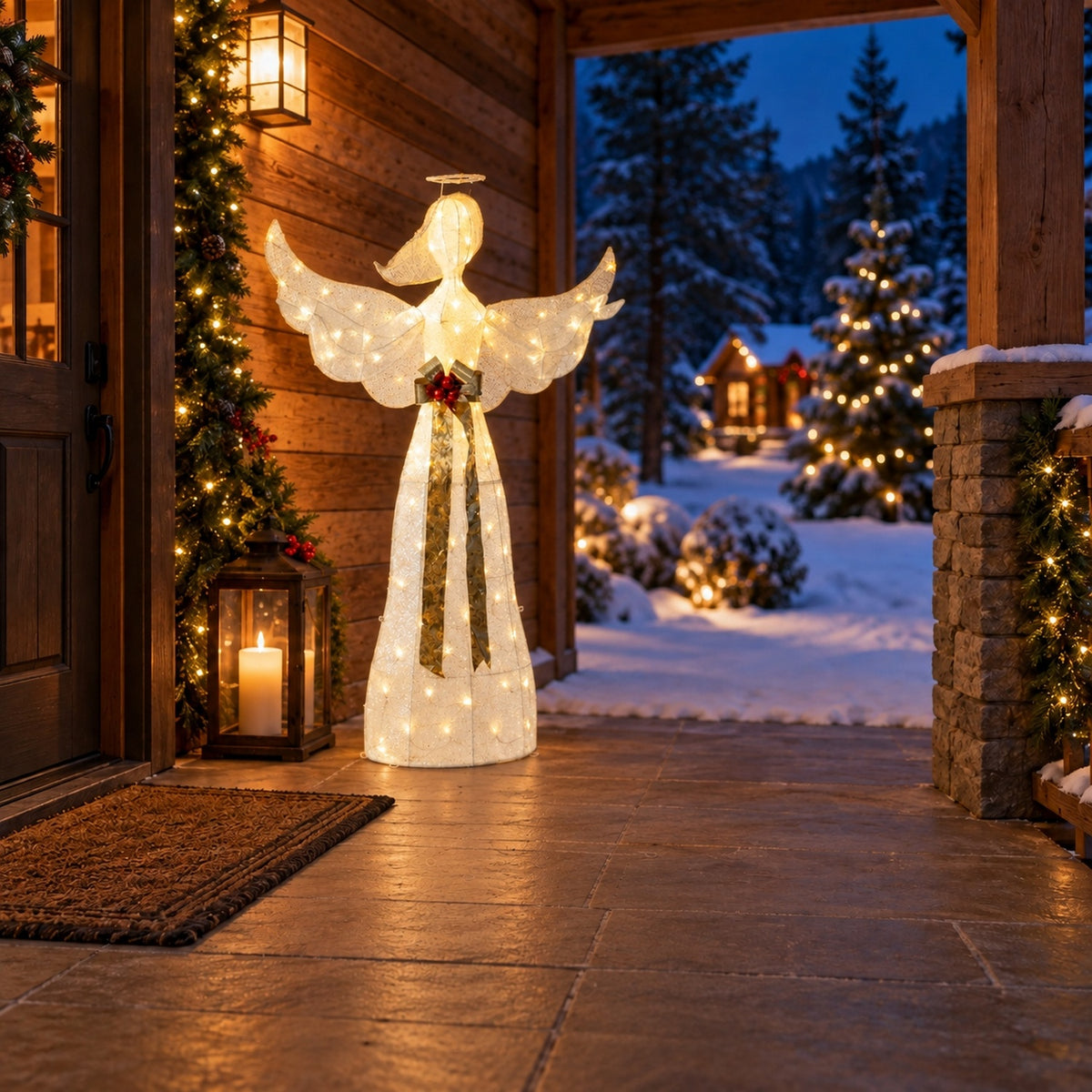 61" White Fabric Lighted Angel with Halo, Wings, and Gold Sash, Warm White LED Lights - media 2