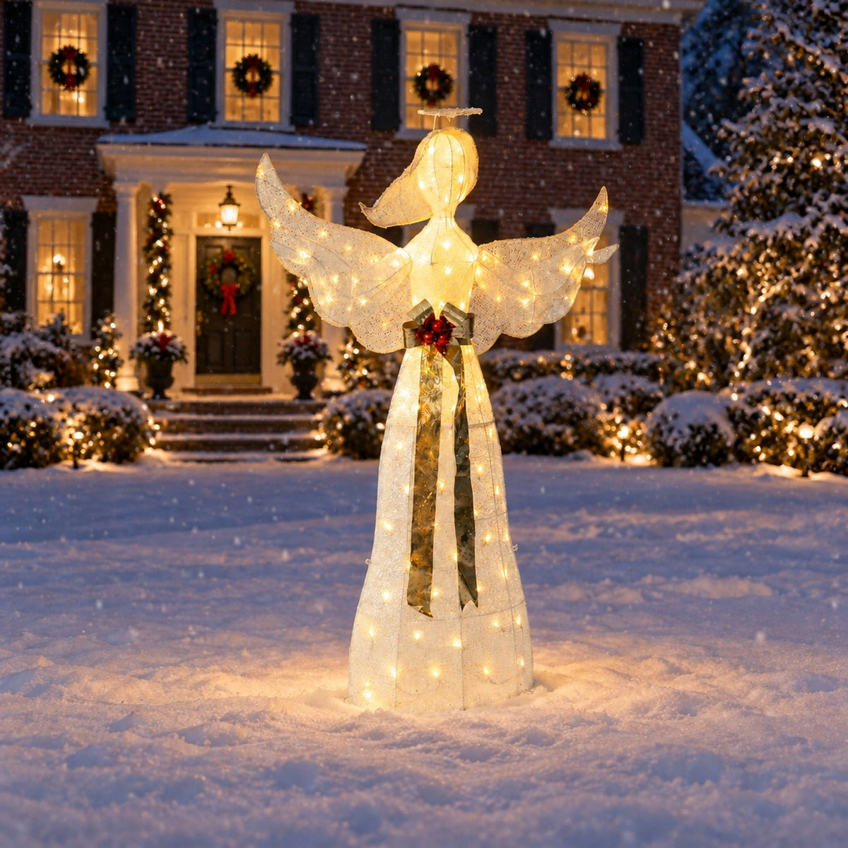 61" White Fabric Lighted Angel with Halo, Wings, and Gold Sash, Warm White LED Lights - media 3