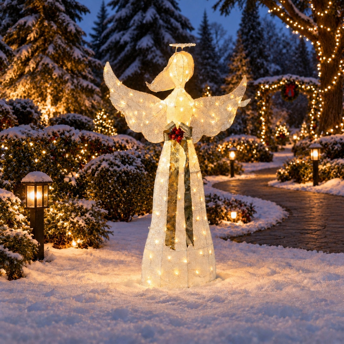 61" White Fabric Lighted Angel with Halo, Wings, and Gold Sash, Warm White LED Lights - media 4