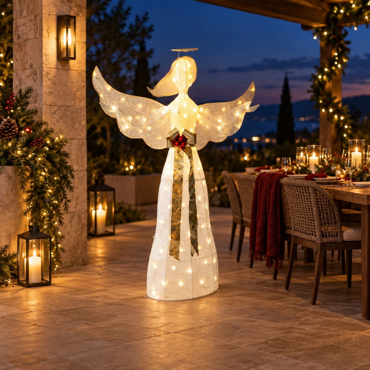 61" White Fabric Lighted Angel with Halo, Wings, and Gold Sash, Warm White LED Lights - media 5