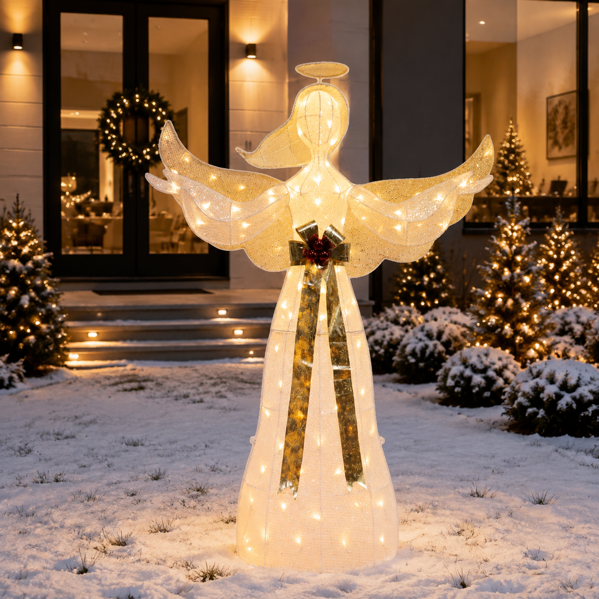 61" White Fabric Lighted Angel with Halo, Wings, and Gold Sash, Warm White LED Lights - media 6