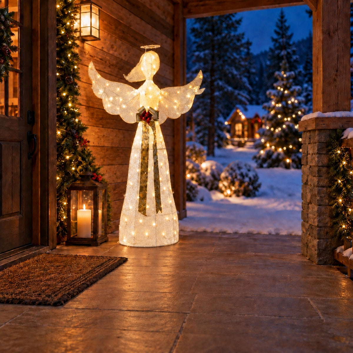 61" White Fabric Lighted Angel with Halo, Wings, and Gold Sash, Warm White LED Lights - media 7