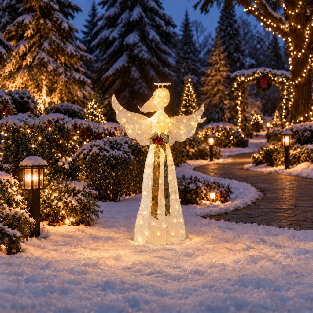 61" White Fabric Lighted Angel with Halo, Wings, and Gold Sash, Warm White LED Lights - media 9