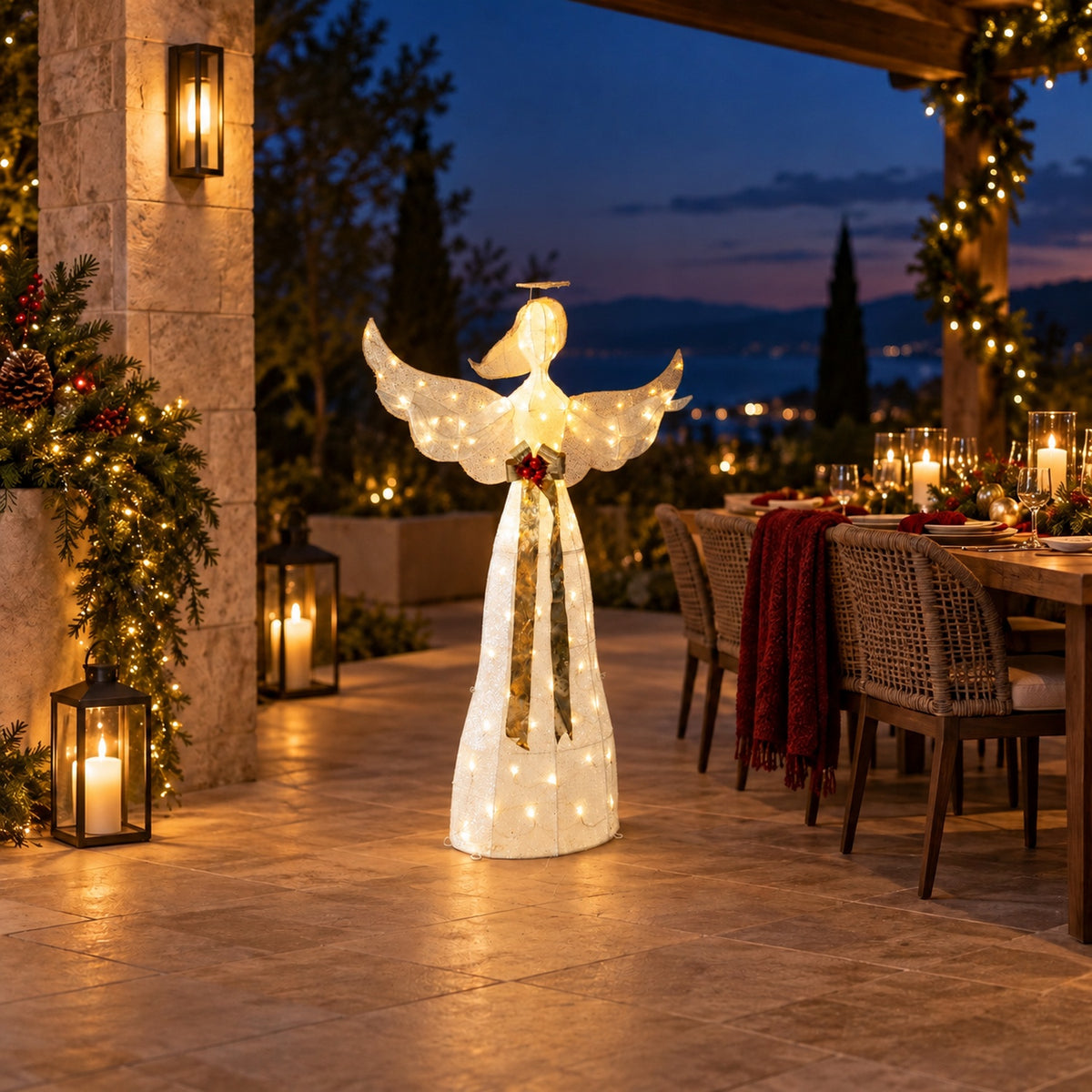 61" White Fabric Lighted Angel with Halo, Wings, and Gold Sash, Warm White LED Lights - media 10