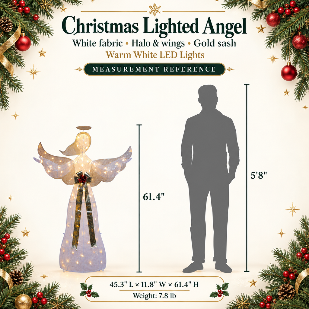 61" White Fabric Lighted Angel with Halo, Wings, and Gold Sash, Warm White LED Lights - media 11