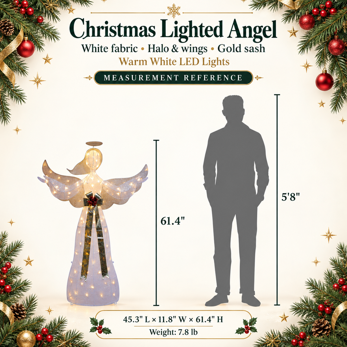 61" White Fabric Lighted Angel with Halo, Wings, and Gold Sash, Warm White LED Lights - media 11