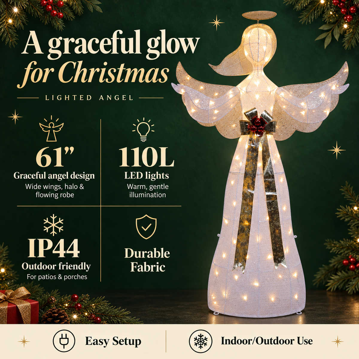 61" White Fabric Lighted Angel with Halo, Wings, and Gold Sash, Warm White LED Lights - media 12