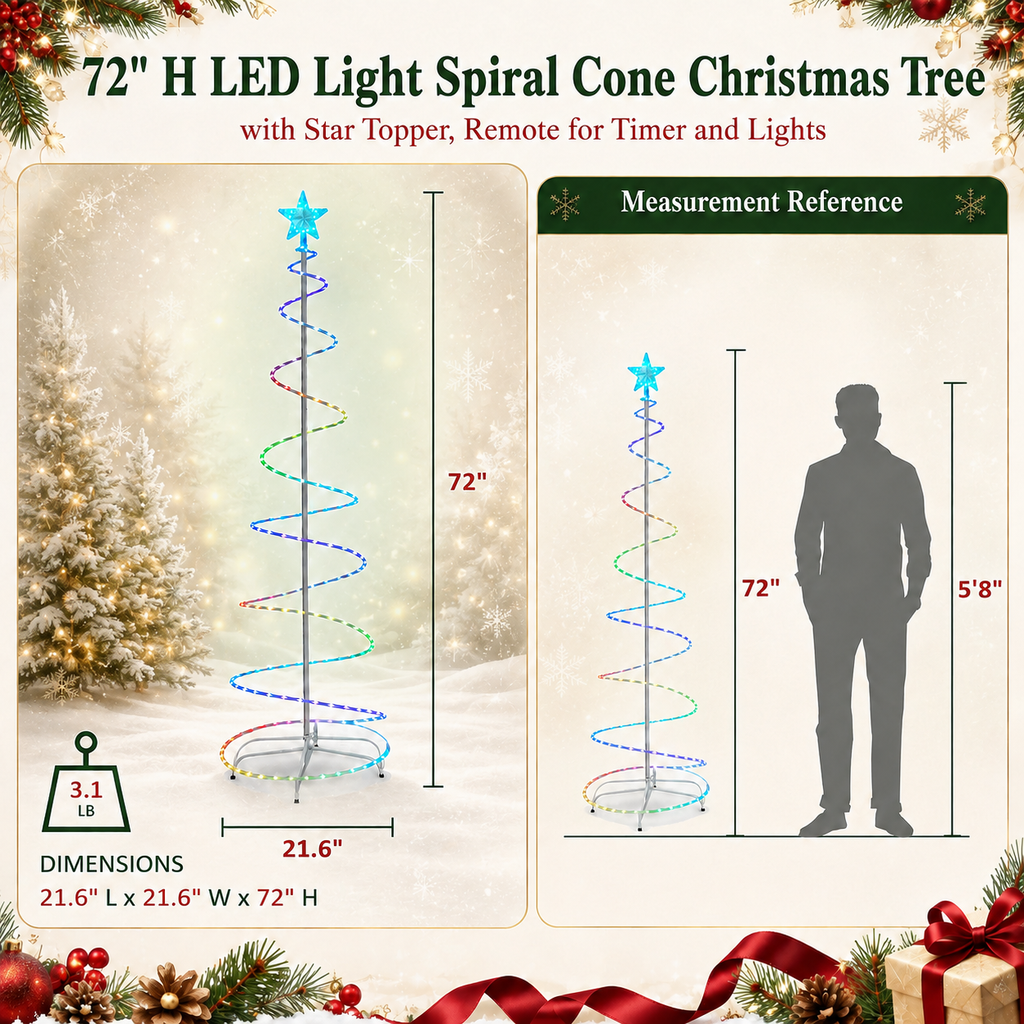 72 in. Multicolor Lighted Spiral Cone Christmas Tree with Star Topper, Metal Frame Metal Frame - media 11