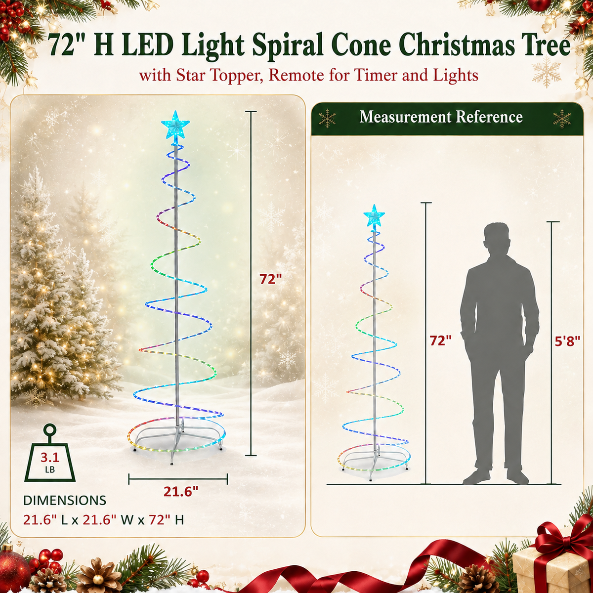 72 in. Multicolor Lighted Spiral Cone Christmas Tree with Star Topper, Metal Frame Metal Frame - media 11