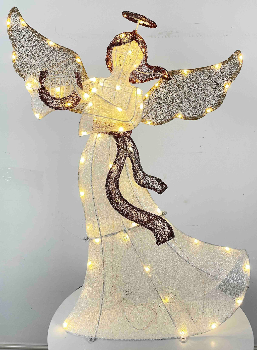 36" White Animated Angel with Wings, Halo, and Harp, Warm LED Lights, Iron Frame - media 1