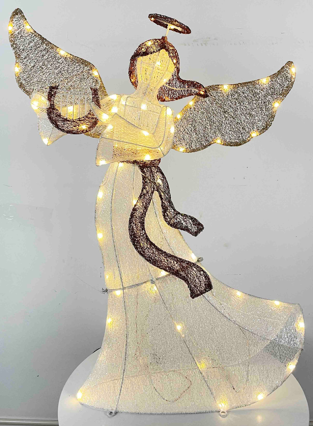 36" White Animated Angel with Wings, Halo, and Harp, Warm LED Lights, Iron Frame - media 1
