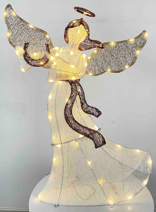 36" White Animated Angel with Wings, Halo, and Harp, Warm LED Lights, Iron Frame - media 1
