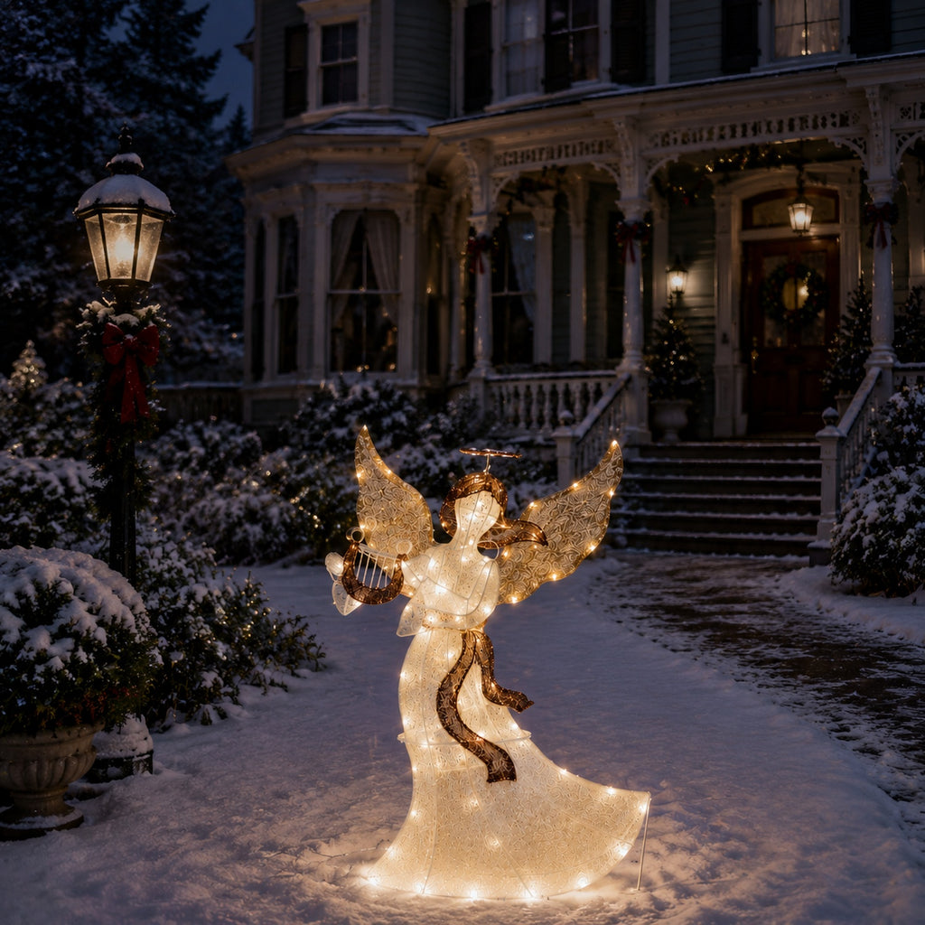 36" White Animated Angel with Wings, Halo, and Harp, Warm LED Lights, Iron Frame - media 2
