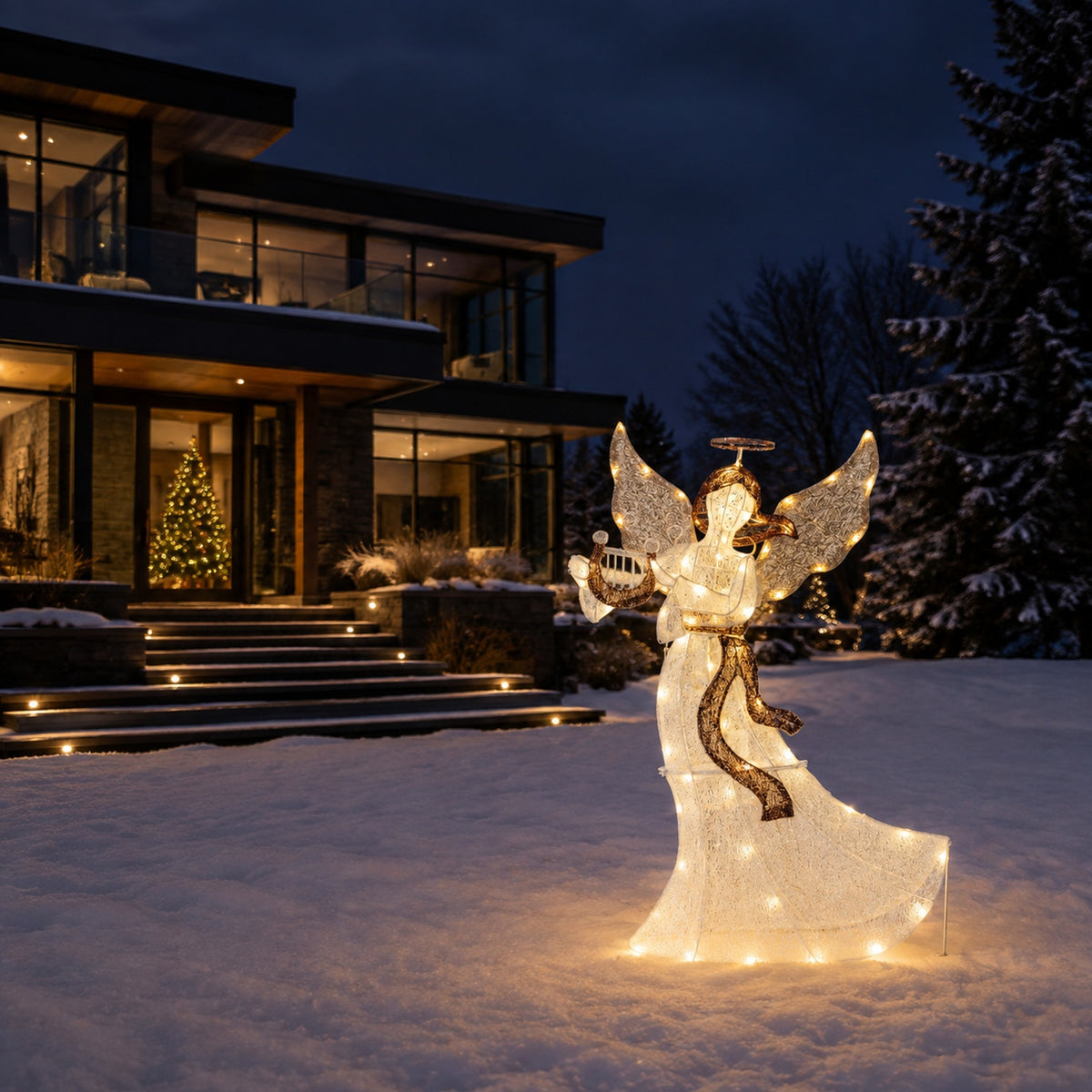 36" White Animated Angel with Wings, Halo, and Harp, Warm LED Lights, Iron Frame - media 3