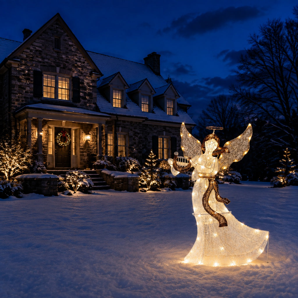 36" White Animated Angel with Wings, Halo, and Harp, Warm LED Lights, Iron Frame - media 4