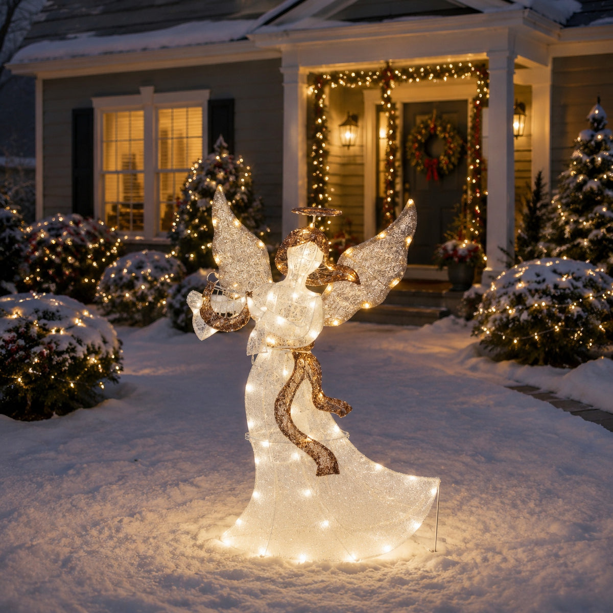 36" White Animated Angel with Wings, Halo, and Harp, Warm LED Lights, Iron Frame - media 5