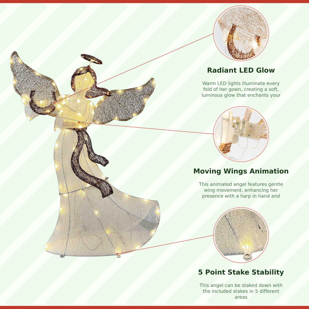 36" White Animated Angel with Wings, Halo, and Harp, Warm LED Lights, Iron Frame - media 9