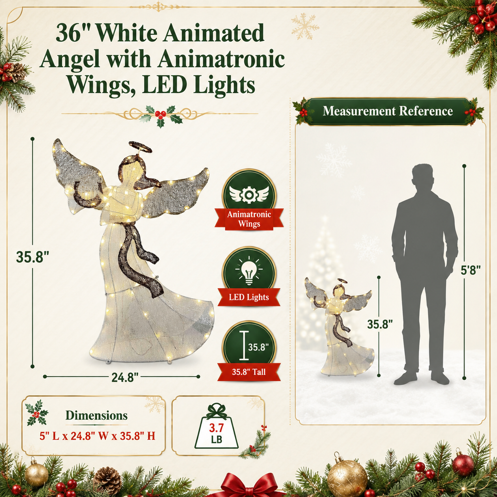 36" White Animated Angel with Wings, Halo, and Harp, Warm LED Lights, Iron Frame - media 11