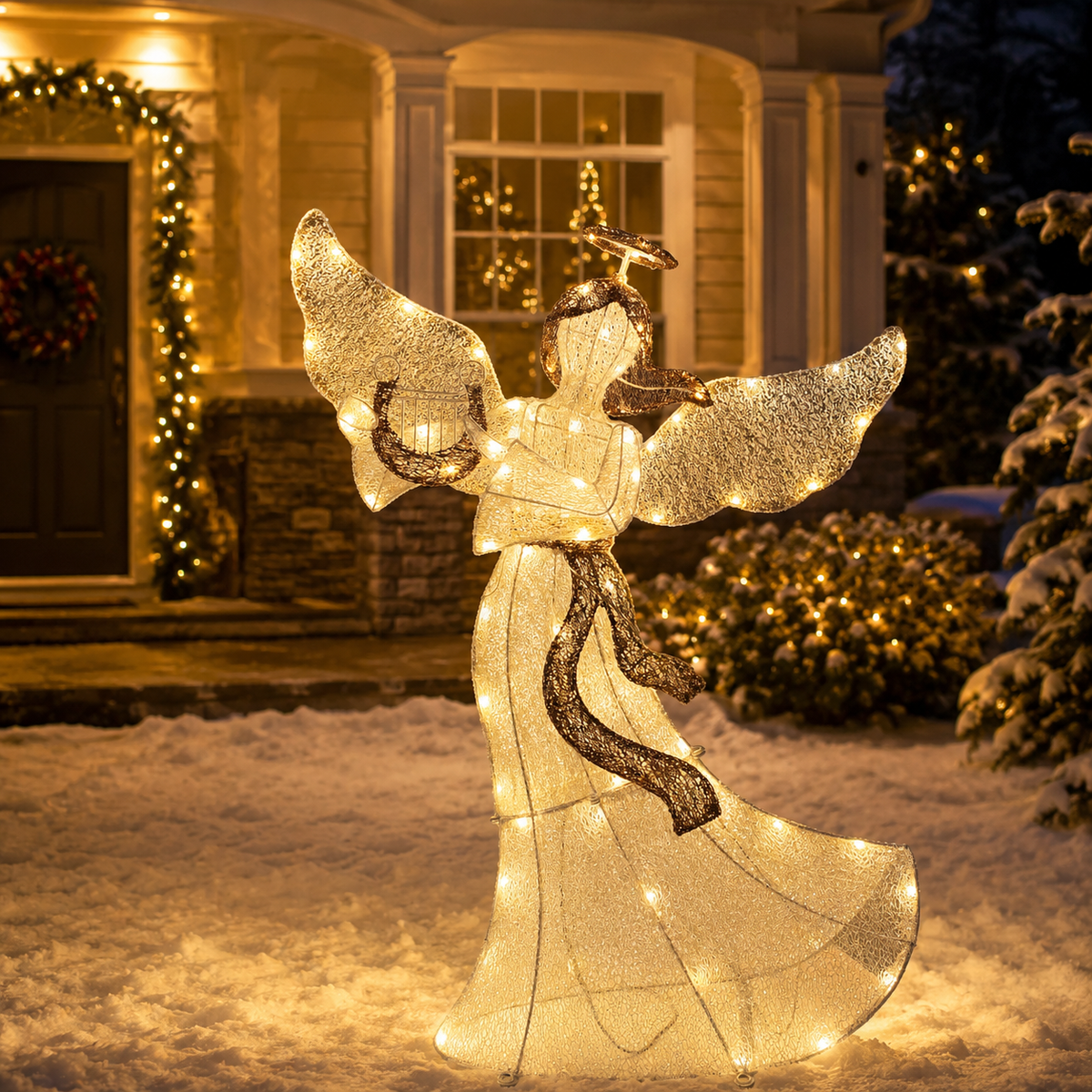 36" White Animated Angel with Wings, Halo, and Harp, Warm LED Lights, Iron Frame - media 16