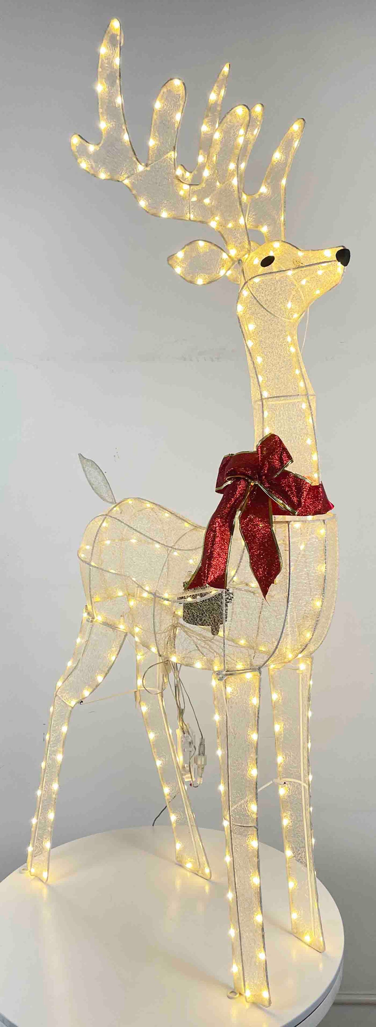 54" White Mesh Animated Reindeer with Antlers and Red Bow, Warm LED Lights - media 1