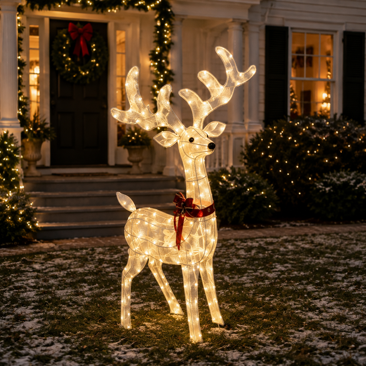 54" White Mesh Animated Reindeer with Antlers and Red Bow, Warm LED Lights - media 2
